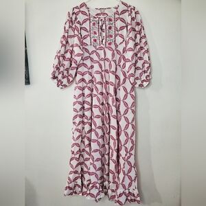 Karni Floral BoHo Cottagecore Maxi Dress Size Small White Pink Pockets